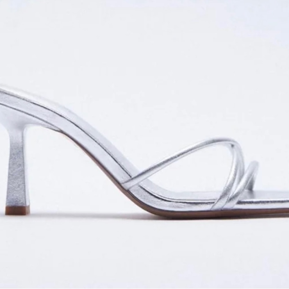 ZARA Beautiful Metallic Silver Slip On Front Strap Stiletto🔥🔥🔥 - Picture 5 of 12